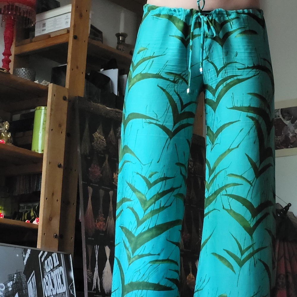 Ramona La Rue By Arianne 100% Crepe Teal Green Leaf Print Flowy Pants - S - Picture 7 of 8